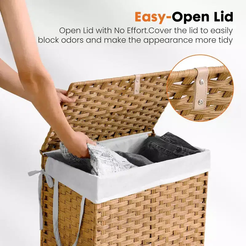 JIONJOY 23.7 gal. Wicker Hamper w/Lid, Foldable Design, Removable Compartment & Washable Liner