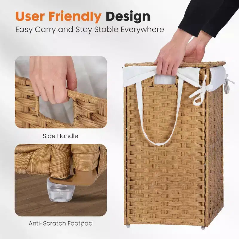 JIONJOY 23.7 gal. Wicker Hamper w/Lid, Foldable Design, Removable Compartment & Washable Liner