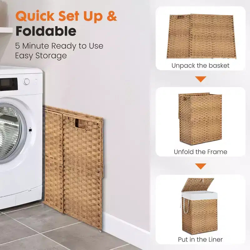 JIONJOY 23.7 gal. Wicker Hamper w/Lid, Foldable Design, Removable Compartment & Washable Liner
