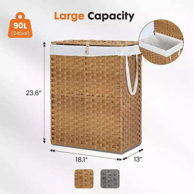 JIONJOY 23.7 gal. Wicker Hamper w/Lid, Foldable Design, Removable Compartment & Washable Liner