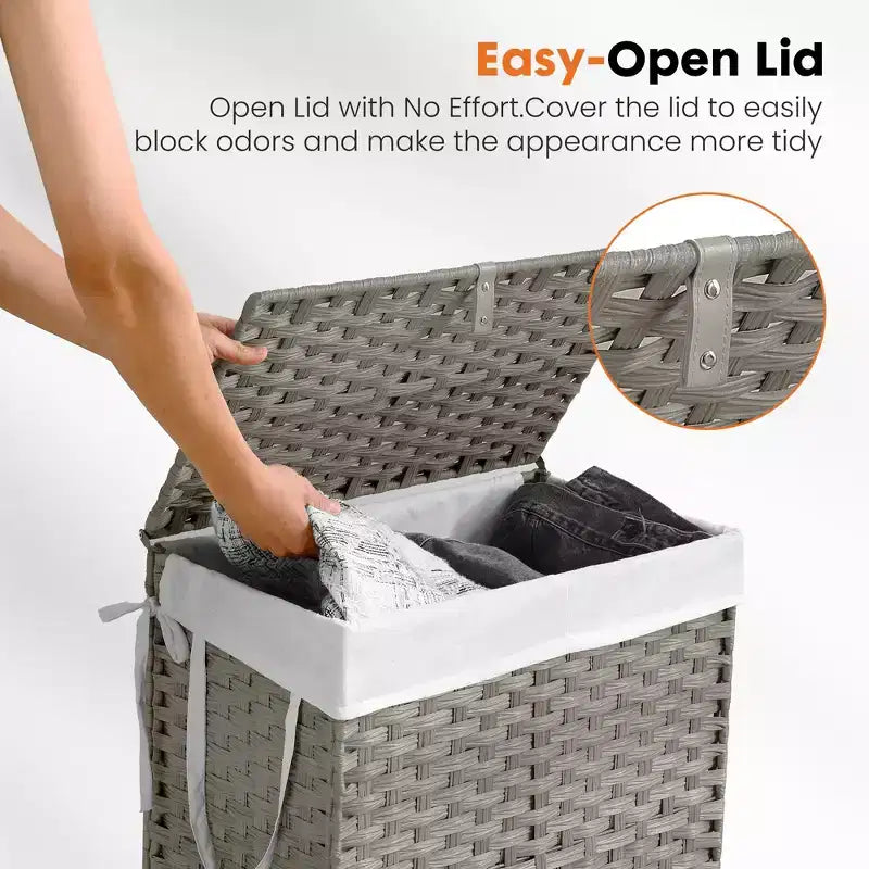 JIONJOY 23.7 gal. Wicker Hamper w/Lid, Foldable Design, Removable Compartment & Washable Liner