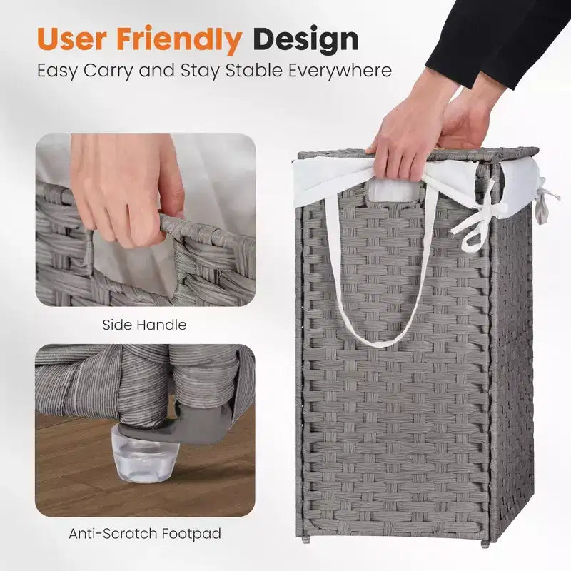 JIONJOY 23.7 gal. Wicker Hamper w/Lid, Foldable Design, Removable Compartment & Washable Liner