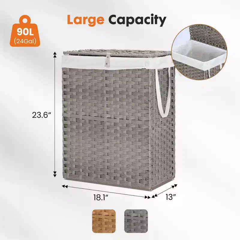 JIONJOY 23.7 gal. Wicker Hamper w/Lid, Foldable Design, Removable Compartment & Washable Liner