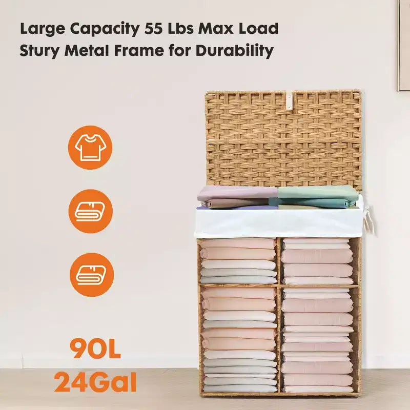 JIONJOY 23.7 gal. Wicker Hamper w/Lid, Foldable Design, Removable Compartment & Washable Liner
