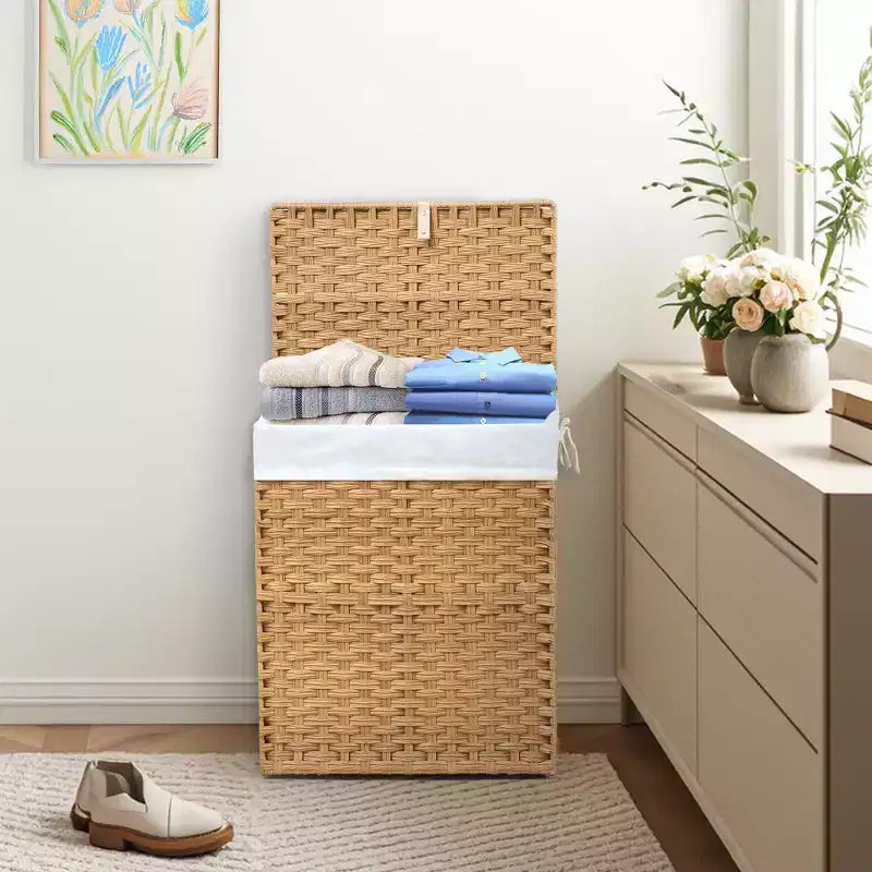 JIONJOY 23.7 gal. Wicker Hamper w/Lid, Foldable Design, Removable Compartment & Washable Liner