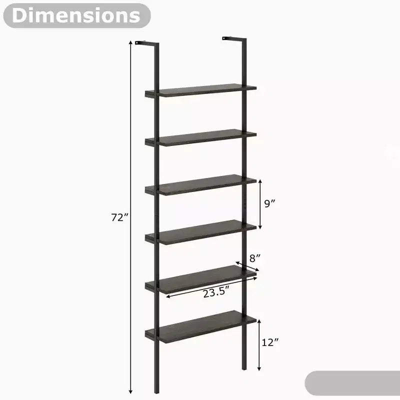 Costway 6-tier Ladder Shelf 72 Inches Industrial Wall Mounted Bookshelf Brown/Oak