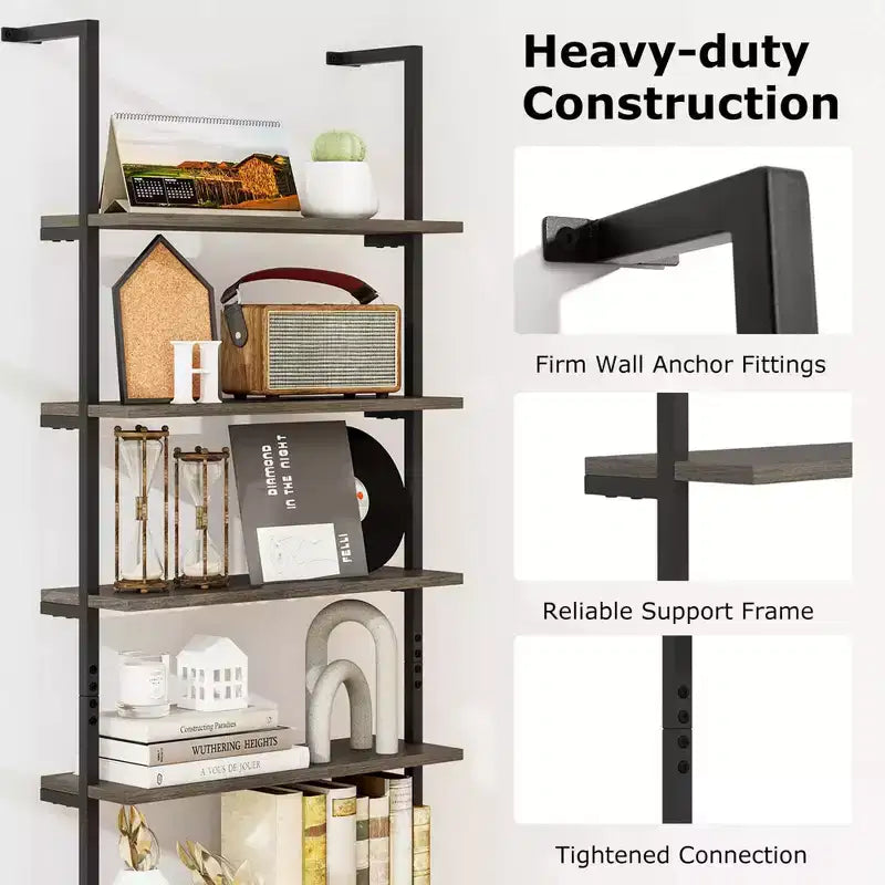 Costway 6-tier Ladder Shelf 72 Inches Industrial Wall Mounted Bookshelf Brown/Oak