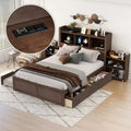 Full Size Platform Bed Frame with Storage Headboard, Charging Station, Trundle, 2 Drawers and Pull Out Shelves, White/Espresso-ModernLuxe