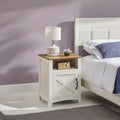 LEDREM Rustic White and Honey Brown Farmhouse Nightstand with Barn Door, Bedside Table features an Open Compartment, and serves as a Side End Table