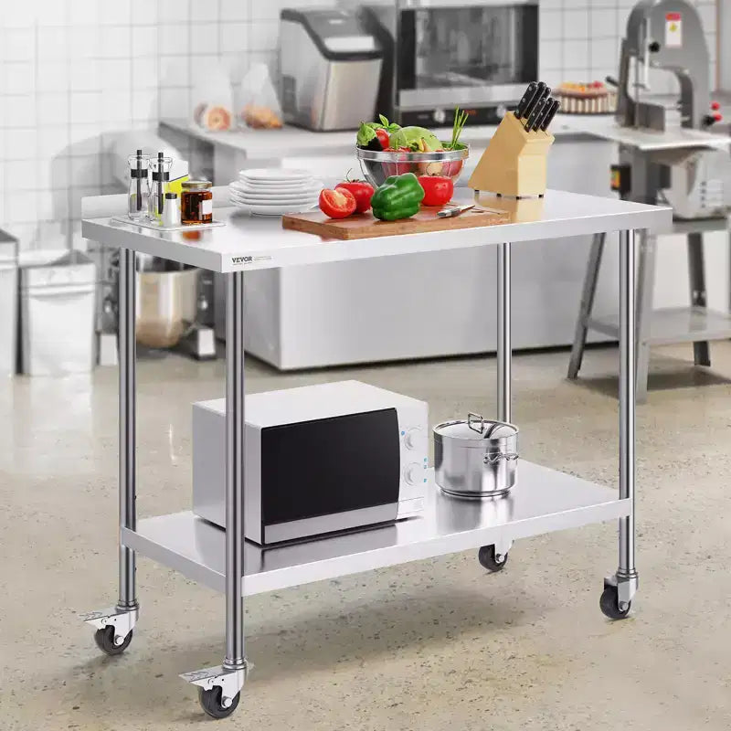 VEVOR 24 x 48 x 40 Inch Stainless Steel Work Table, Commercial Food Prep Worktable with Casters, Heavy Duty Prep Worktable, Metal Work Table