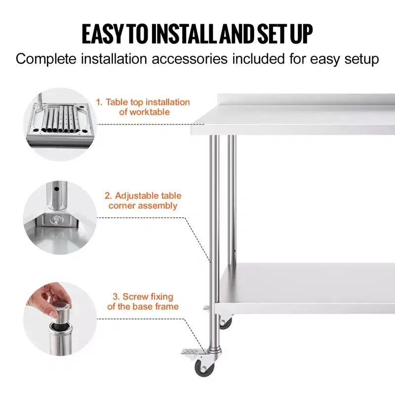 VEVOR 24 x 48 x 40 Inch Stainless Steel Work Table, Commercial Food Prep Worktable with Casters, Heavy Duty Prep Worktable, Metal Work Table