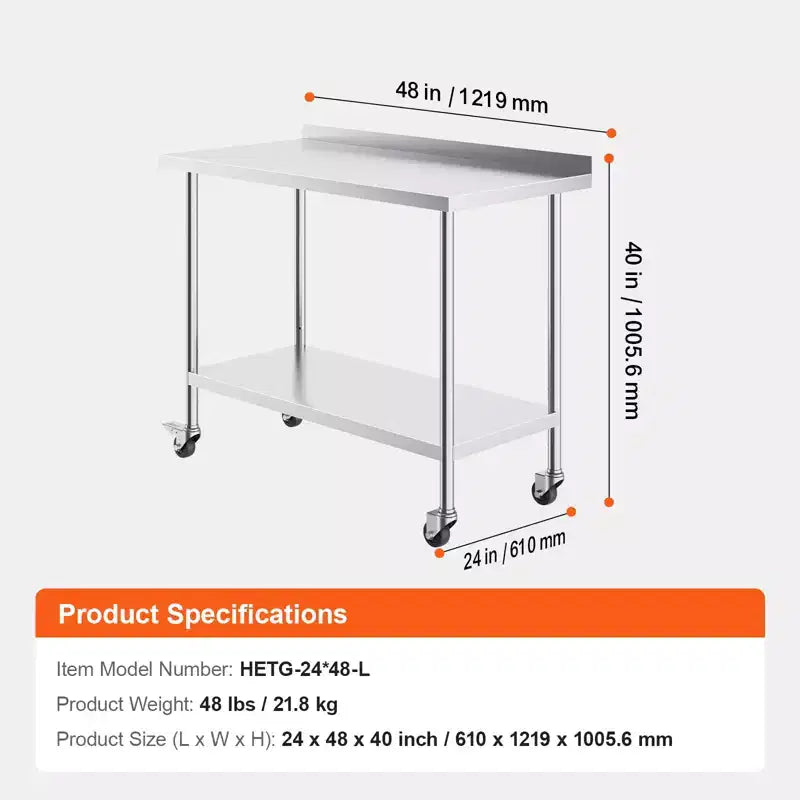 VEVOR 24 x 48 x 40 Inch Stainless Steel Work Table, Commercial Food Prep Worktable with Casters, Heavy Duty Prep Worktable, Metal Work Table