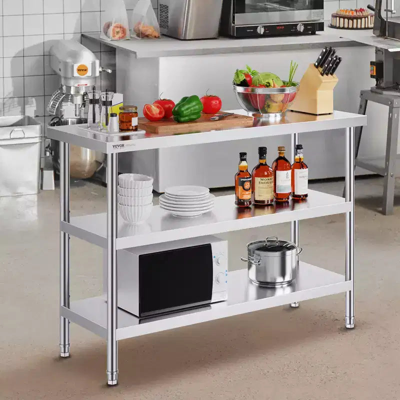 VEVOR Stainless Steel Food Prep Table, 18 x 48 x 34 Inch Commercial Kitchen Worktable, with 2 Adjustable Undershelf, Heavy Duty Prep Table