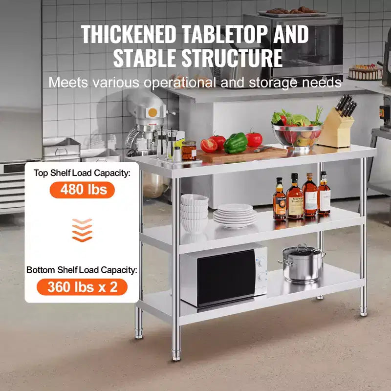 VEVOR Stainless Steel Food Prep Table, 18 x 48 x 34 Inch Commercial Kitchen Worktable, with 2 Adjustable Undershelf, Heavy Duty Prep Table