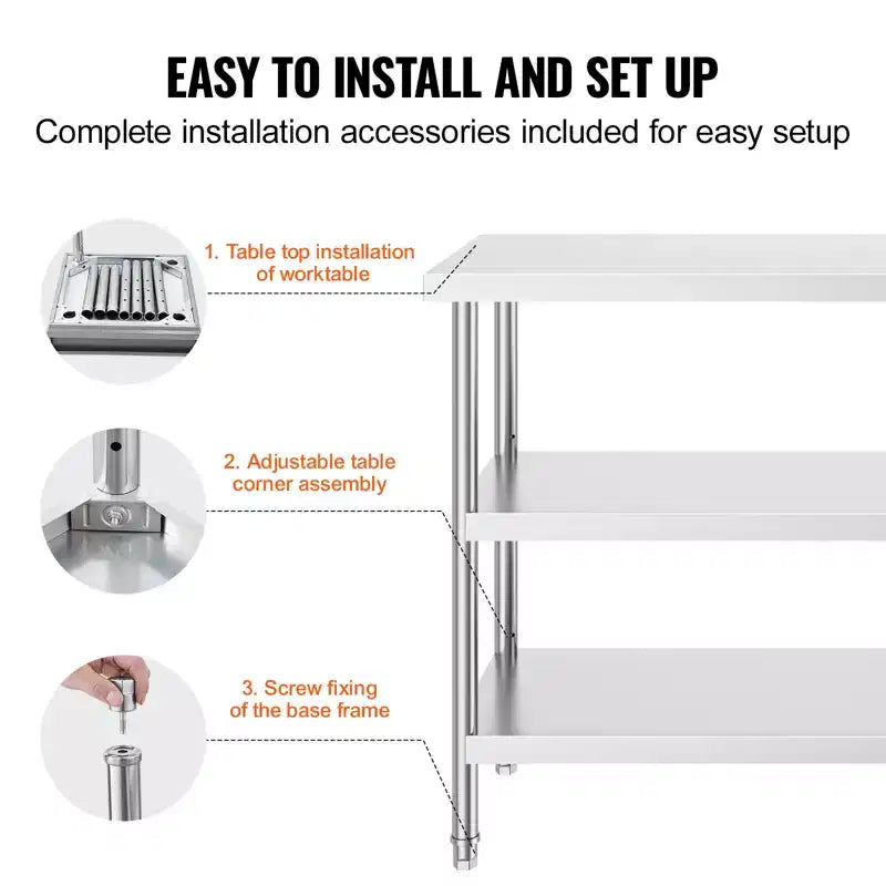 VEVOR Stainless Steel Food Prep Table, 18 x 48 x 34 Inch Commercial Kitchen Worktable, with 2 Adjustable Undershelf, Heavy Duty Prep Table