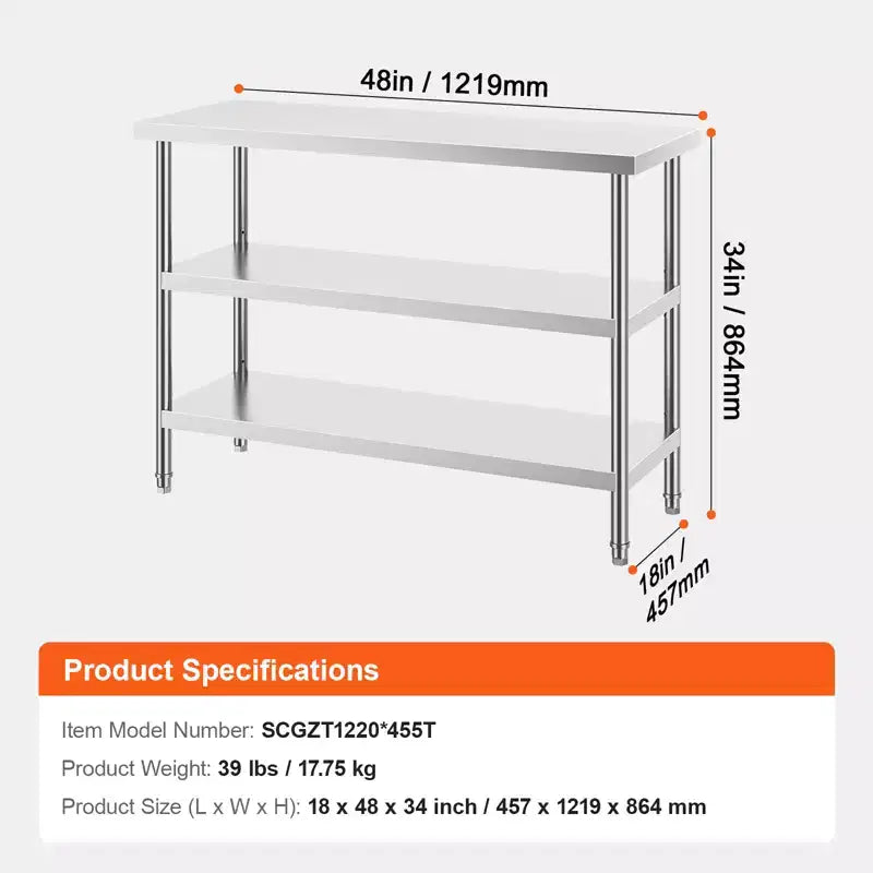 VEVOR Stainless Steel Food Prep Table, 18 x 48 x 34 Inch Commercial Kitchen Worktable, with 2 Adjustable Undershelf, Heavy Duty Prep Table