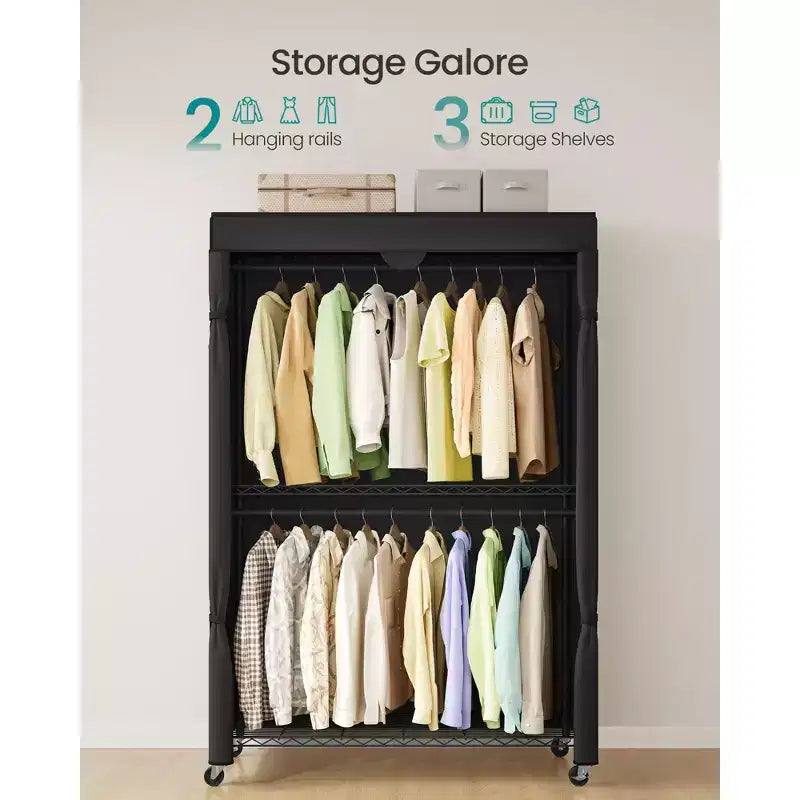 Ink Black Heavy - Duty Rolling Portable Closet - 43.3 - Inch Wide. Features Adjustable Mesh Shelves, Hanging Rails & Fabric Cover