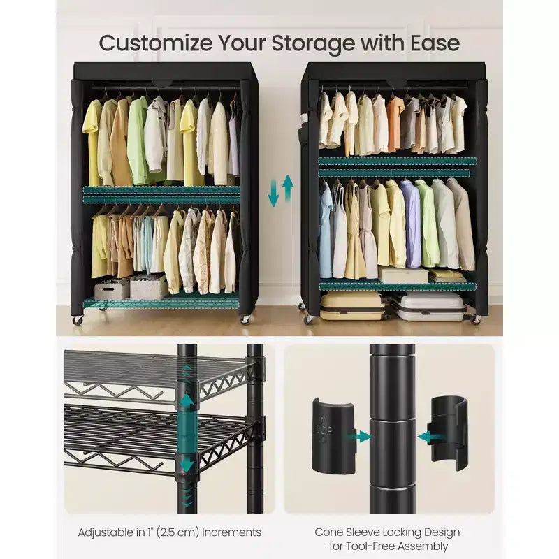 Ink Black Heavy - Duty Rolling Portable Closet - 43.3 - Inch Wide. Features Adjustable Mesh Shelves, Hanging Rails & Fabric Cover