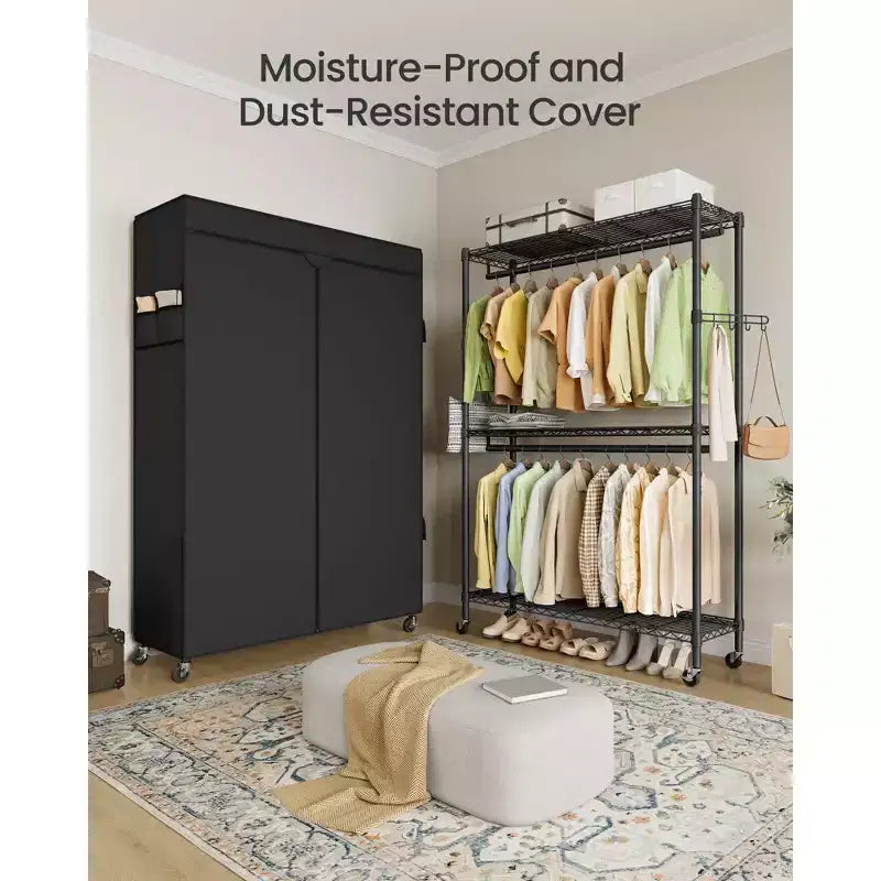 Ink Black Heavy - Duty Rolling Portable Closet - 43.3 - Inch Wide. Features Adjustable Mesh Shelves, Hanging Rails & Fabric Cover
