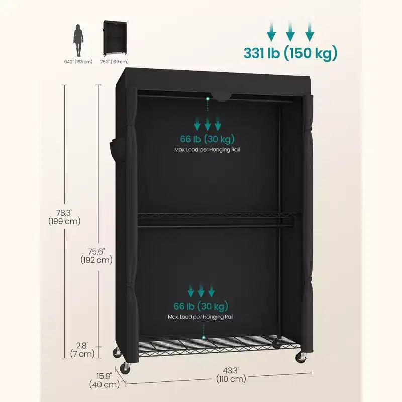 Ink Black Heavy - Duty Rolling Portable Closet - 43.3 - Inch Wide. Features Adjustable Mesh Shelves, Hanging Rails & Fabric Cover