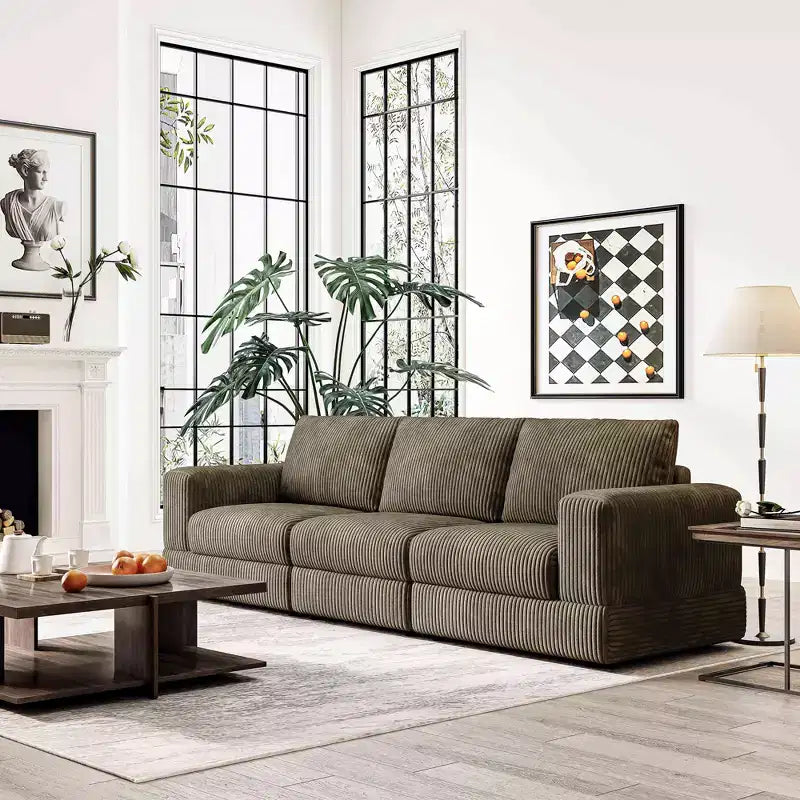 ATJafurn Modern Corduroy Sofa, Modular Sectional Upholstered Couch with Soft Pillows Backrest and Deep Seat for Living Room