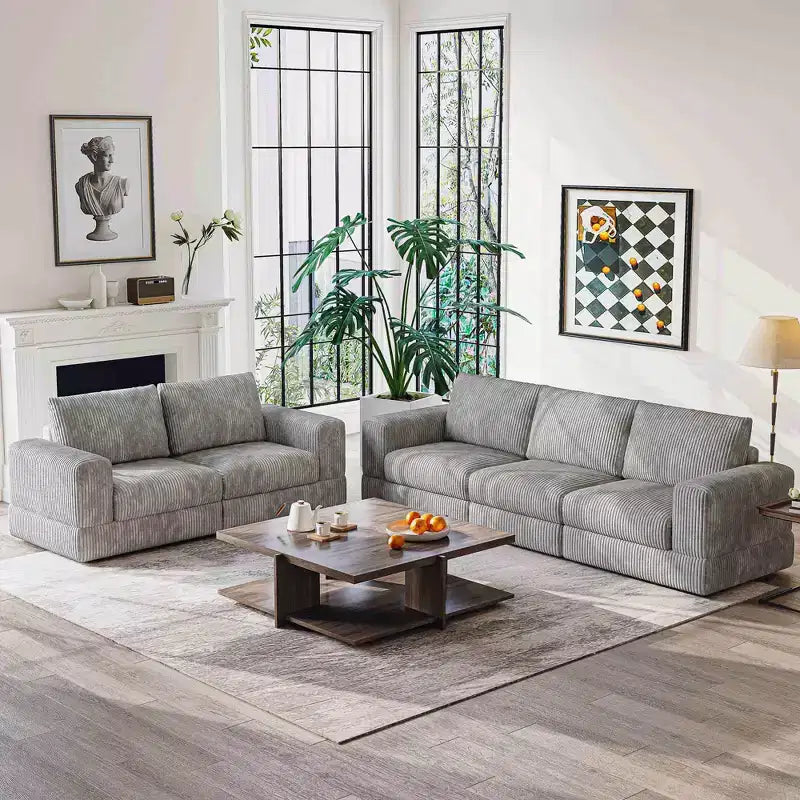 ATJafurn Modern Corduroy Sofa, Modular Sectional Upholstered Couch with Soft Pillows Backrest and Deep Seat for Living Room