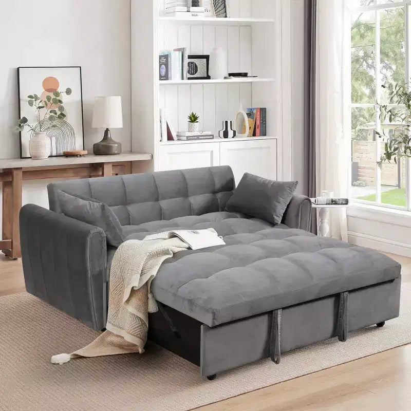 GDFStudio Xavier Modern 65 3-in-1 Foldable Wooden Velvet Upholstered Sofa with Adjustable Back and Pillows