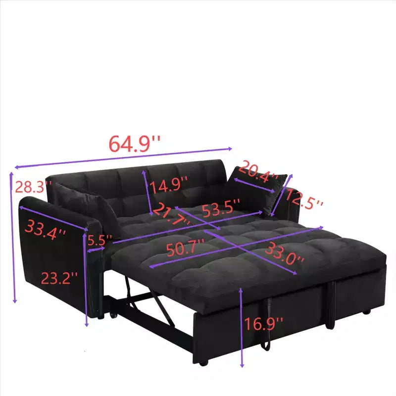 GDFStudio Xavier Modern 65 3-in-1 Foldable Wooden Velvet Upholstered Sofa with Adjustable Back and Pillows