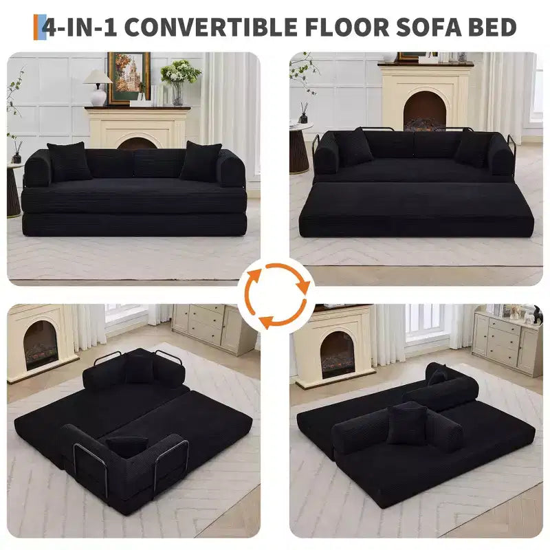 2 In 1 Convertible Sleeper Sofa Bed Couch, Comfy Corduroy Folding Sofa Bed with Deep Seat & Wide Armrest, No Assembly, Boneless Floor Couch