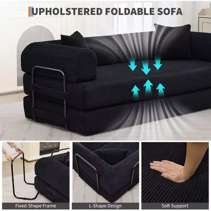 2 In 1 Convertible Sleeper Sofa Bed Couch, Comfy Corduroy Folding Sofa Bed with Deep Seat & Wide Armrest, No Assembly, Boneless Floor Couch