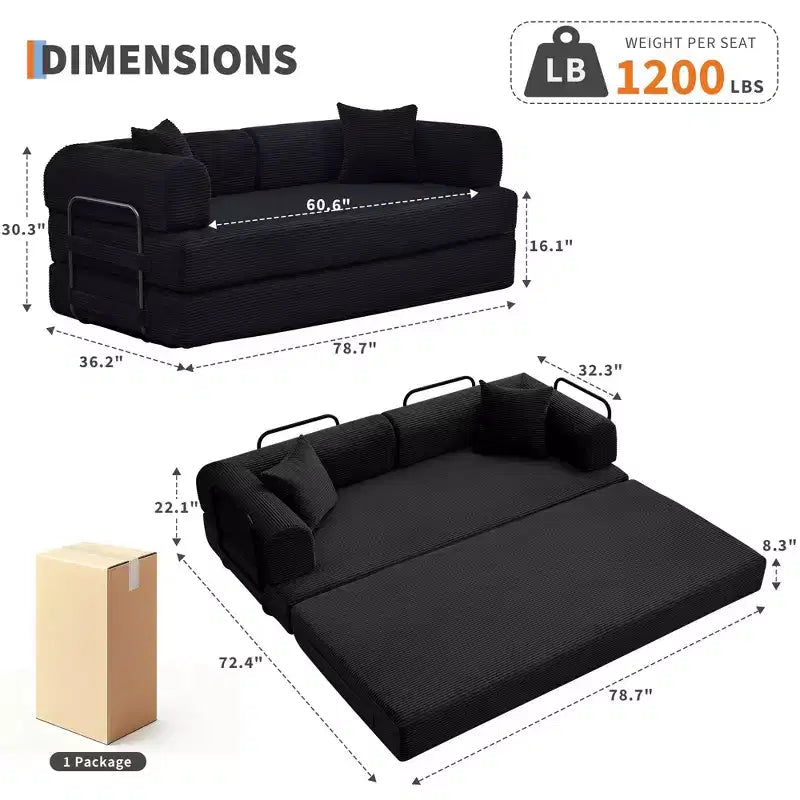 2 In 1 Convertible Sleeper Sofa Bed Couch, Comfy Corduroy Folding Sofa Bed with Deep Seat & Wide Armrest, No Assembly, Boneless Floor Couch