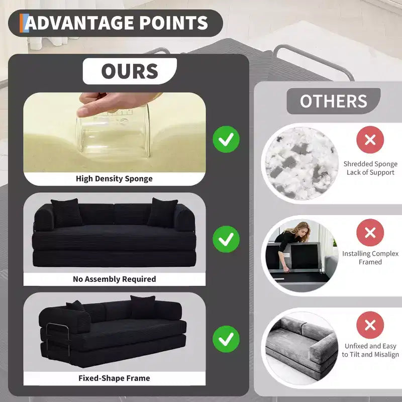 2 In 1 Convertible Sleeper Sofa Bed Couch, Comfy Corduroy Folding Sofa Bed with Deep Seat & Wide Armrest, No Assembly, Boneless Floor Couch