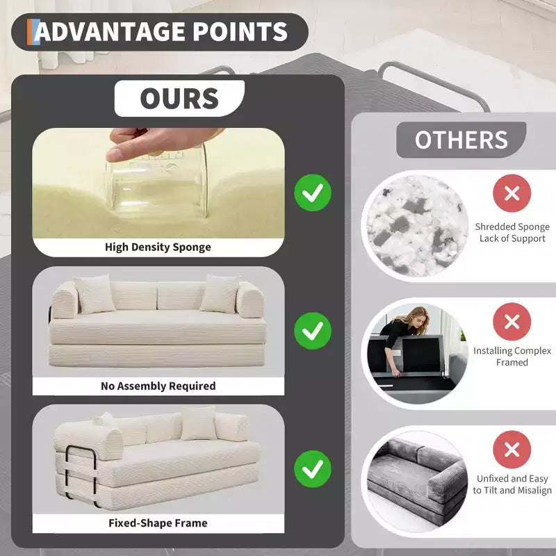 2 In 1 Convertible Sleeper Sofa Bed Couch, Comfy Corduroy Folding Sofa Bed with Deep Seat & Wide Armrest, No Assembly, Boneless Floor Couch