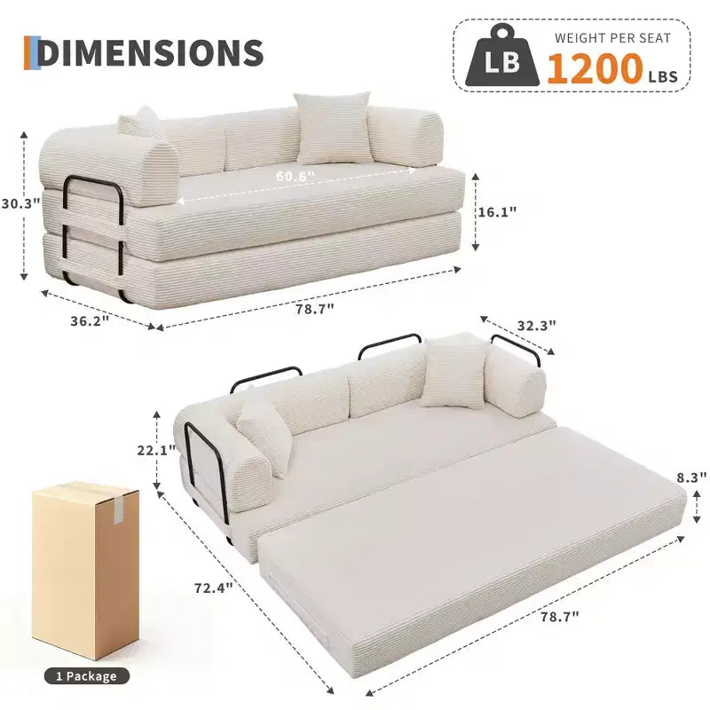 2 In 1 Convertible Sleeper Sofa Bed Couch, Comfy Corduroy Folding Sofa Bed with Deep Seat & Wide Armrest, No Assembly, Boneless Floor Couch