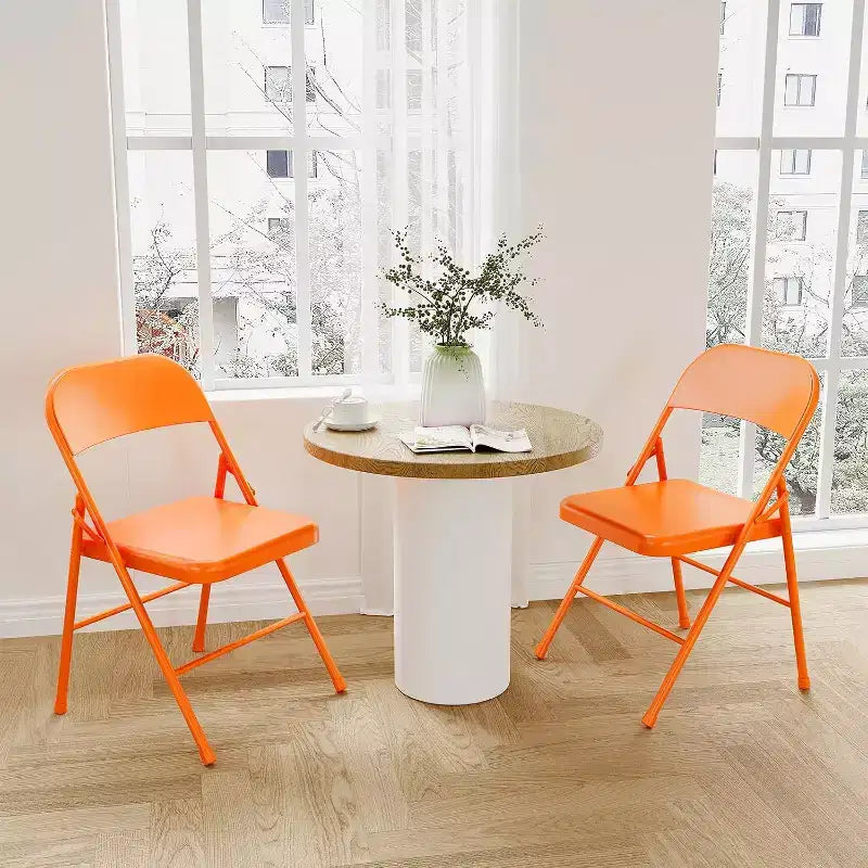Set of 2 Orange Metal Folding Chairs, Supports 350 lbs Each, Portable & Foldable for Indoor/Outdoor Use