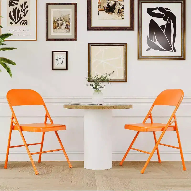Set of 2 Orange Metal Folding Chairs, Supports 350 lbs Each, Portable & Foldable for Indoor/Outdoor Use