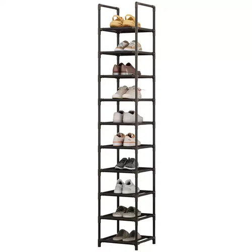 10-Tier Shoe Rack Organizer, Tall Vertical Shoe Shelf with Metal Frame & Fabric Shelves, Space-Saving Storage for Entryway or Bedroom, Black