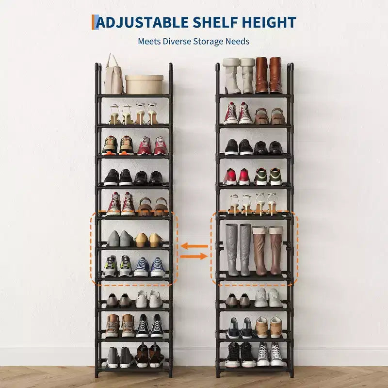 10-Tier Shoe Rack Organizer, Tall Vertical Shoe Shelf with Metal Frame & Fabric Shelves, Space-Saving Storage for Entryway or Bedroom, Black