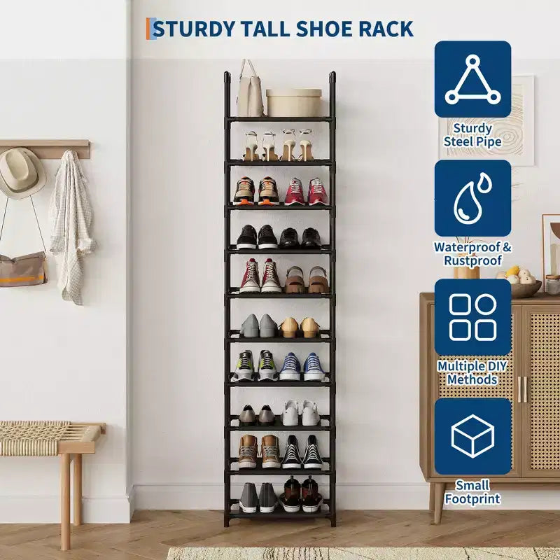 10-Tier Shoe Rack Organizer, Tall Vertical Shoe Shelf with Metal Frame & Fabric Shelves, Space-Saving Storage for Entryway or Bedroom, Black