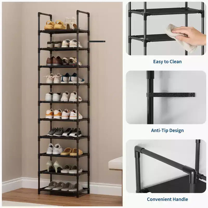 10-Tier Shoe Rack Organizer, Tall Vertical Shoe Shelf with Metal Frame & Fabric Shelves, Space-Saving Storage for Entryway or Bedroom, Black