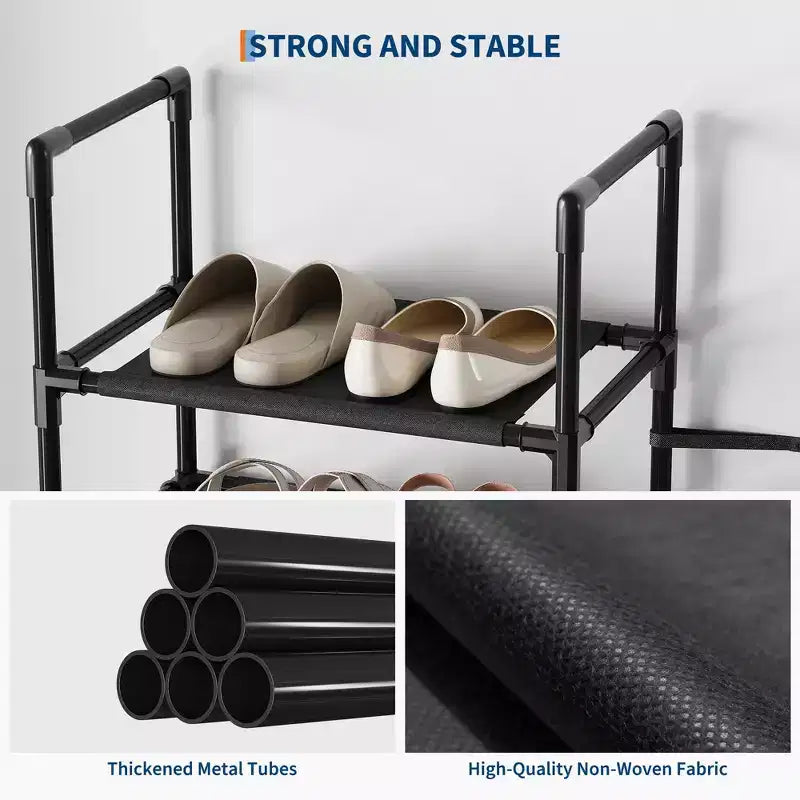 10-Tier Shoe Rack Organizer, Tall Vertical Shoe Shelf with Metal Frame & Fabric Shelves, Space-Saving Storage for Entryway or Bedroom, Black
