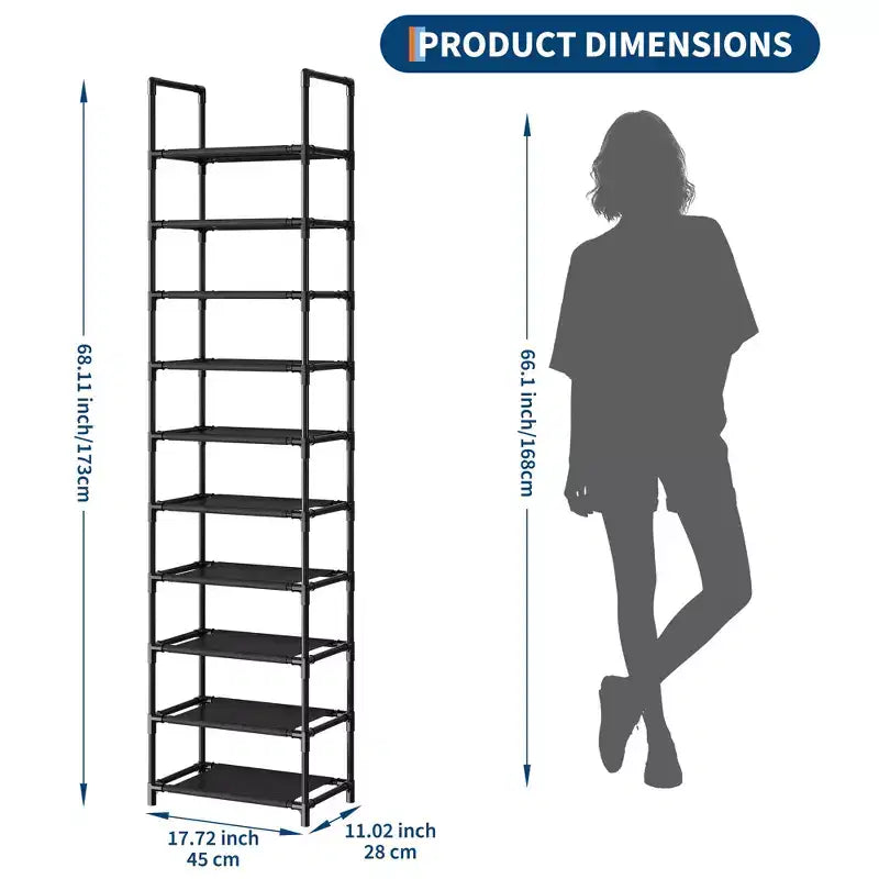 10-Tier Shoe Rack Organizer, Tall Vertical Shoe Shelf with Metal Frame & Fabric Shelves, Space-Saving Storage for Entryway or Bedroom, Black