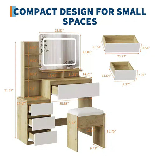 36-Inch Makeup Modern Vanity Table for Bedroom, 4 Large Drawers, 3 Lighting Modes, Storage Shelves