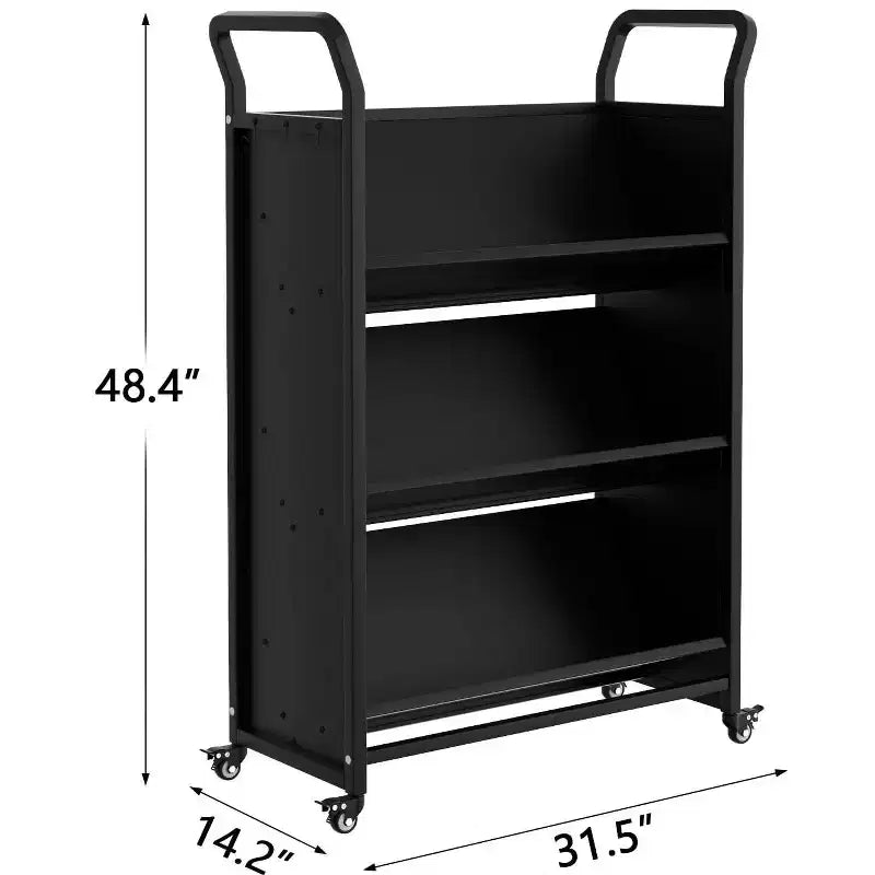 V-Shaped Metal Rolling Cart, 4 Lockable Wheels & Side Hooks, 3-Tier Storage Bookshelf, for Office, School, Home