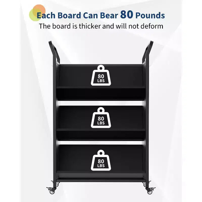 V-Shaped Metal Rolling Cart, 4 Lockable Wheels & Side Hooks, 3-Tier Storage Bookshelf, for Office, School, Home