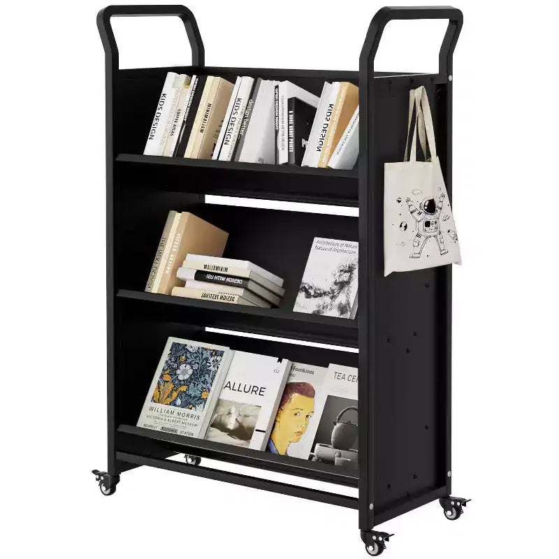 V-Shaped Metal Rolling Cart, 4 Lockable Wheels & Side Hooks, 3-Tier Storage Bookshelf, for Office, School, Home